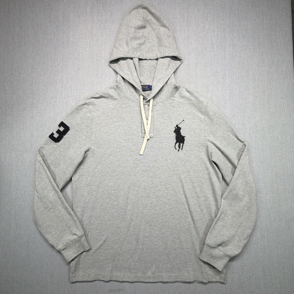 Polo Ralph Lauren Men's Piqué Hoodie Gray Big Pony #3 Sleeve Cotton Knit Large - Picture 1 of 4